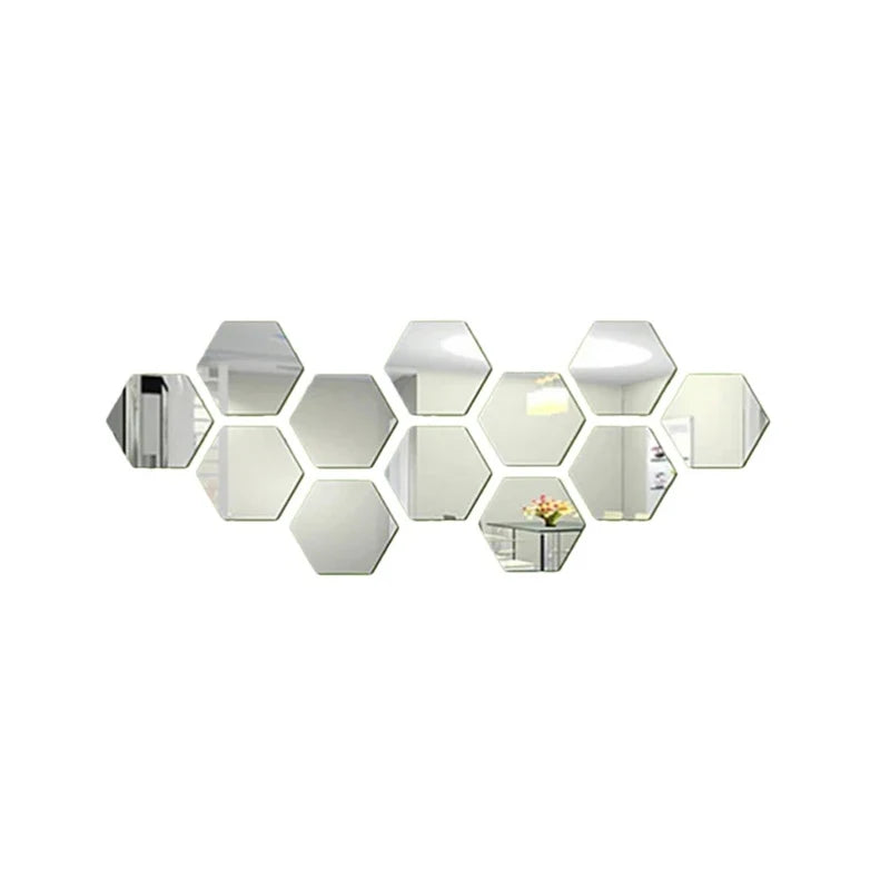 12PCS/Lot Removable Geometric Mirror Wall Stickers - Solid Hexagonal Shape, DIY with Built-in Adhesive for Home Decoration